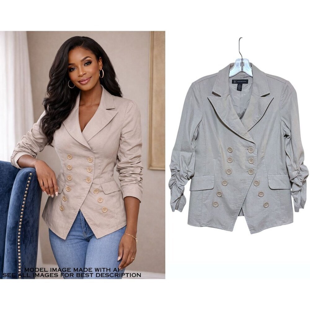 Y2K Inc Linen Blazer S Jacket Ruched Sleeves Asymmetric Neutral 100% Linen